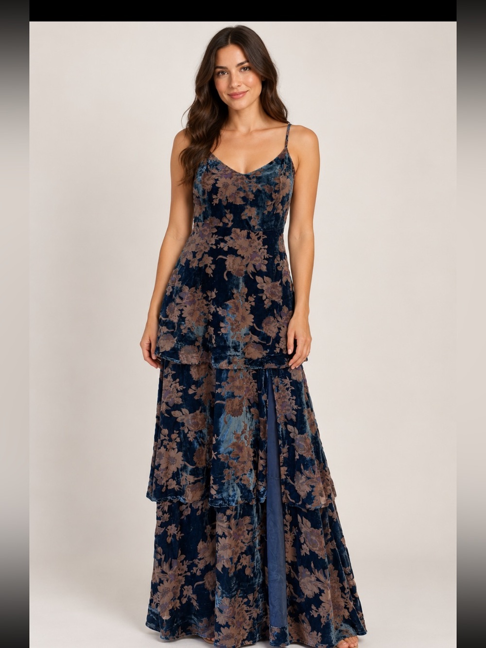 Lulus Floral Burnout Velvet Navy and Brown Maxi Dress, Size S